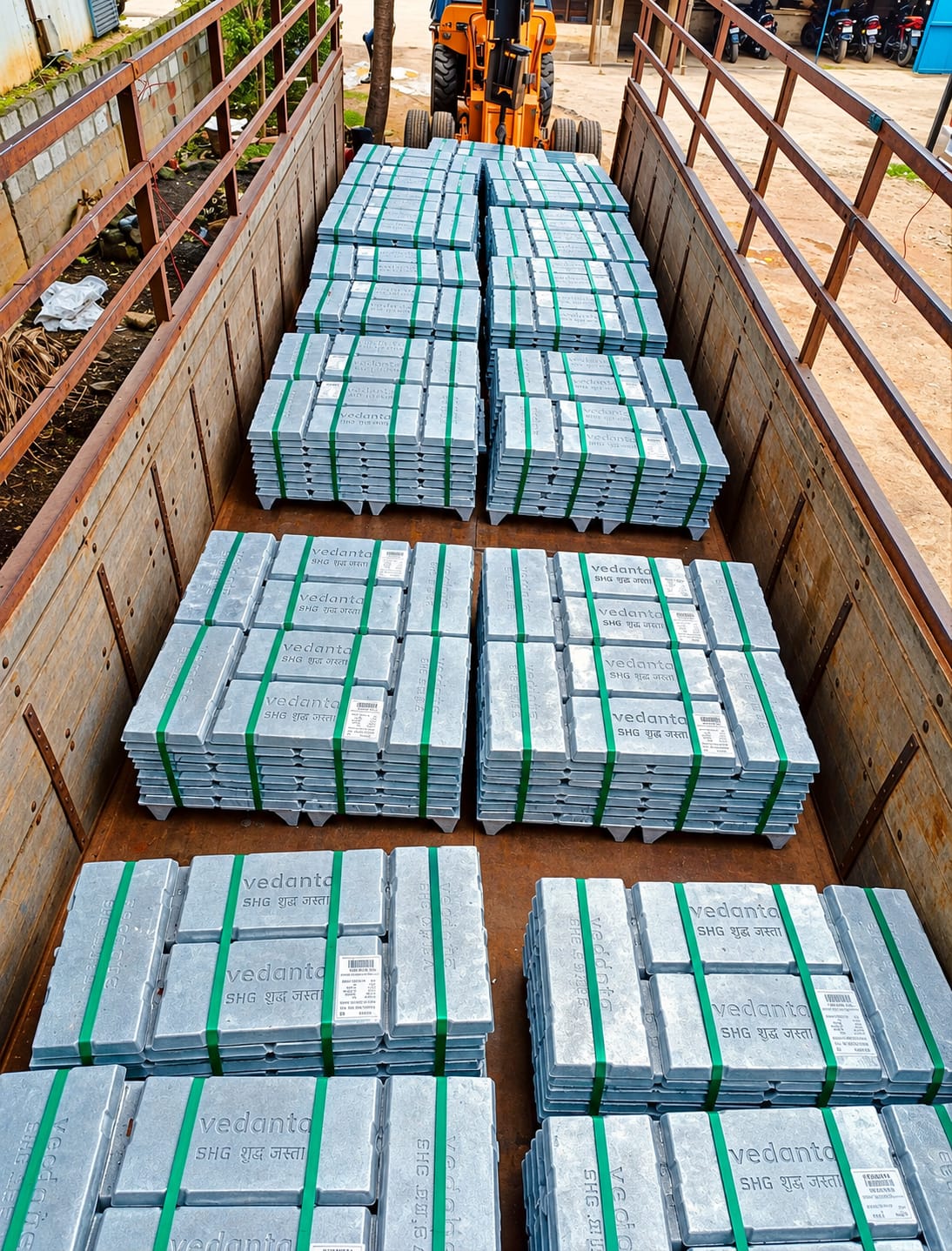 Vedanta SHG zinc ingots securely bundled in a delivery vehicle